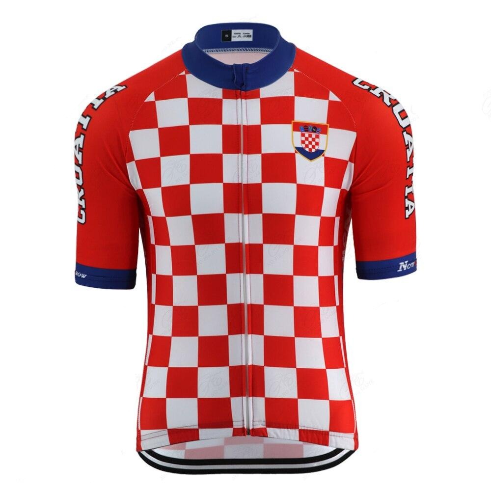 The Croatia Cycling Jersey is crafted from lightweight polyester, featuring a red and white checkered pattern. It has Croatia on the red sleeves, a checkered shield crest on the chest, and blue collar and sleeve cuffs.