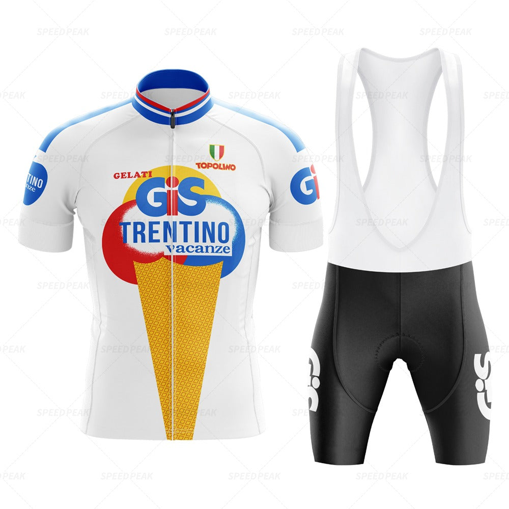 The GiS Trentino Vacanze Retro Cycling Jersey Set features a vintage-style jersey in white with blue and red accents, ice cream cone graphic, and GIS Trentino Vacanze text. Made from lightweight polyester for breathability, it includes black bib shorts with a white GIS logo.