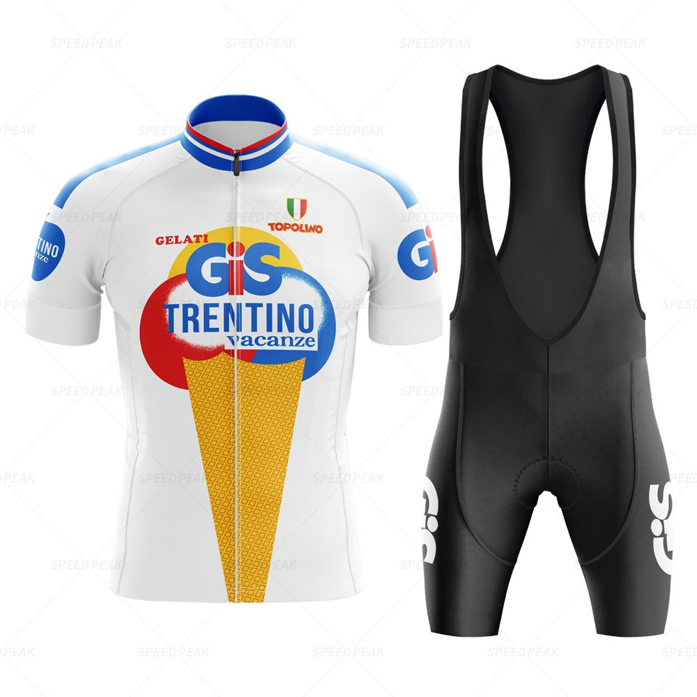 The GiS Trentino Vacanze Retro Cycling Jersey Set includes a lightweight polyester jersey with red, yellow, and blue gelato cone graphics and branding, paired with breathable black bib shorts featuring a white logo on the leg.