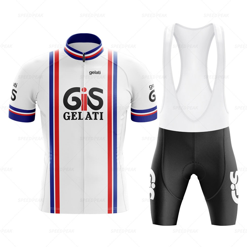 The GiS Gelati Retro Cycling Jersey Set includes a breathable jersey and bib shorts. The lightweight polyester jersey features Gelati and GIS logos, white with red and blue stripes, short sleeves, and a front zipper. The black bib shorts display white text on one leg.