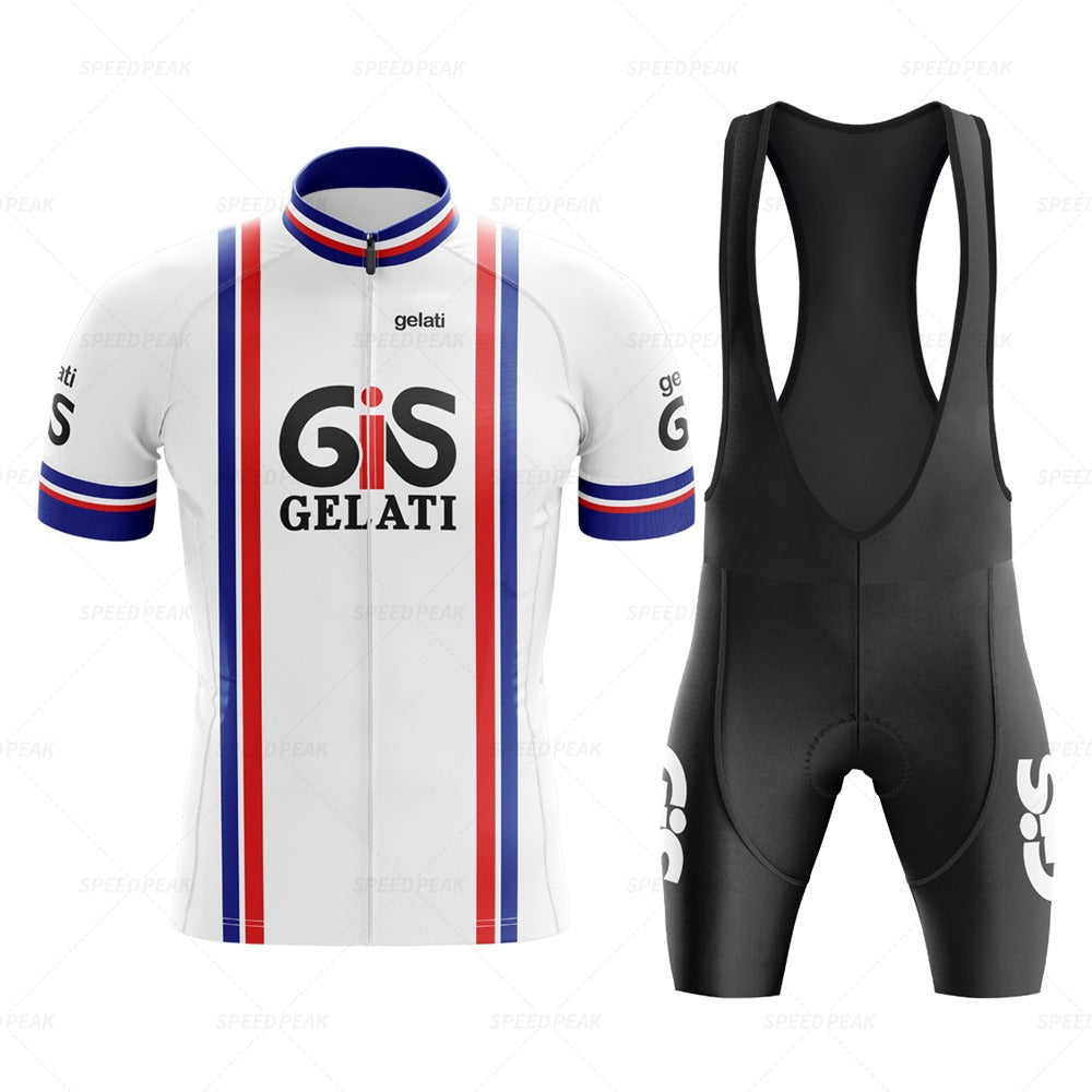 The GiS Gelati Retro Cycling Jersey Set includes a lightweight polyester jersey with vertical red and blue stripes and breathable white fabric, paired perfectly with subtly logoed black bib shorts for a stylish and comfortable ride.