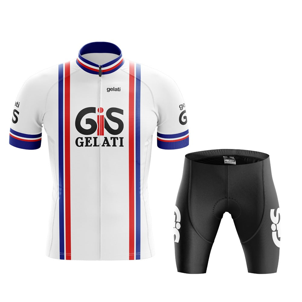 The GiS Gelati Retro Cycling Jersey Set includes a breathable, lightweight white polyester jersey with blue and red stripes and GiS Gelati text, paired with black shorts featuring a small logo.