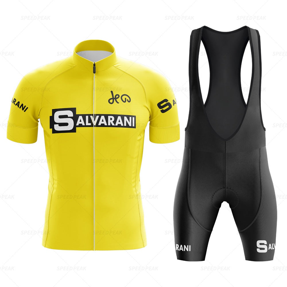 The Salvarani 1972 Retro Cycling Jersey Set features a yellow and black jersey with the SALVARANI logo, inspired by Felice Gimondi. It includes a short-sleeved bright yellow jersey with bold black text and aerodynamic black bib shorts sporting the iconic 1972 Salvarani logo.