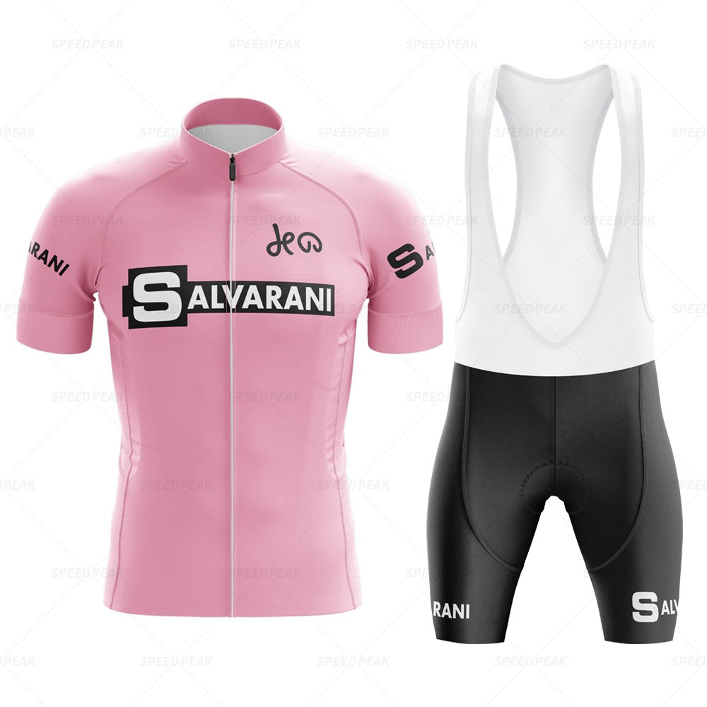 Embrace vintage cycling fashion with the Salvarani 1972 Retro Cycling Jersey Set, reminiscent of Felice Gimondis Grand Tours. The jersey boasts a front zipper and short sleeves, while the black bib shorts feature white straps and matching branding for a cohesive look.