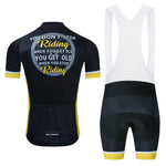 The Dont Stop Riding Cycling Jersey Set includes a black jersey with yellow accents and the quote You dont stop riding when you get old, you get old when you stop riding on the back. The matching bib shorts feature white straps and complementing yellow highlights for comfort and breathability.