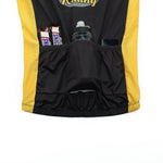 The Dont Stop Riding Cycling Jersey Set in black and yellow, made from lightweight polyester, features back pockets that can hold two chocolate bars, a water bottle, and a small electronic device. The comfortable and breathable design partially displays the text Racing.