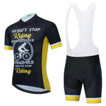 The Dont Stop Riding Cycling Jersey Set features a black and yellow design with a cyclist graphic and the phrase, You dont stop riding when you get old, you get old when you stop riding. Made from lightweight polyester, its comfortable and breathable for long rides.