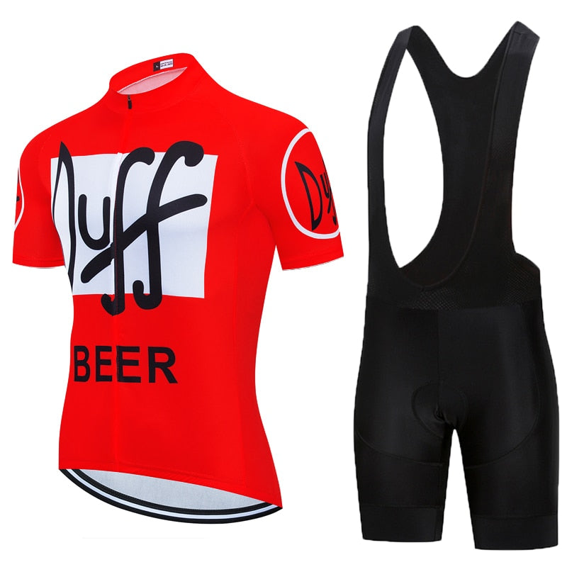 The Duff Beer Jersey Set includes a red cycling jersey with Duff Beer in bold black letters on a white background, ideal for Simpsons fans. It pairs seamlessly with sleek black bib shorts, offering both style and comfort for every ride.