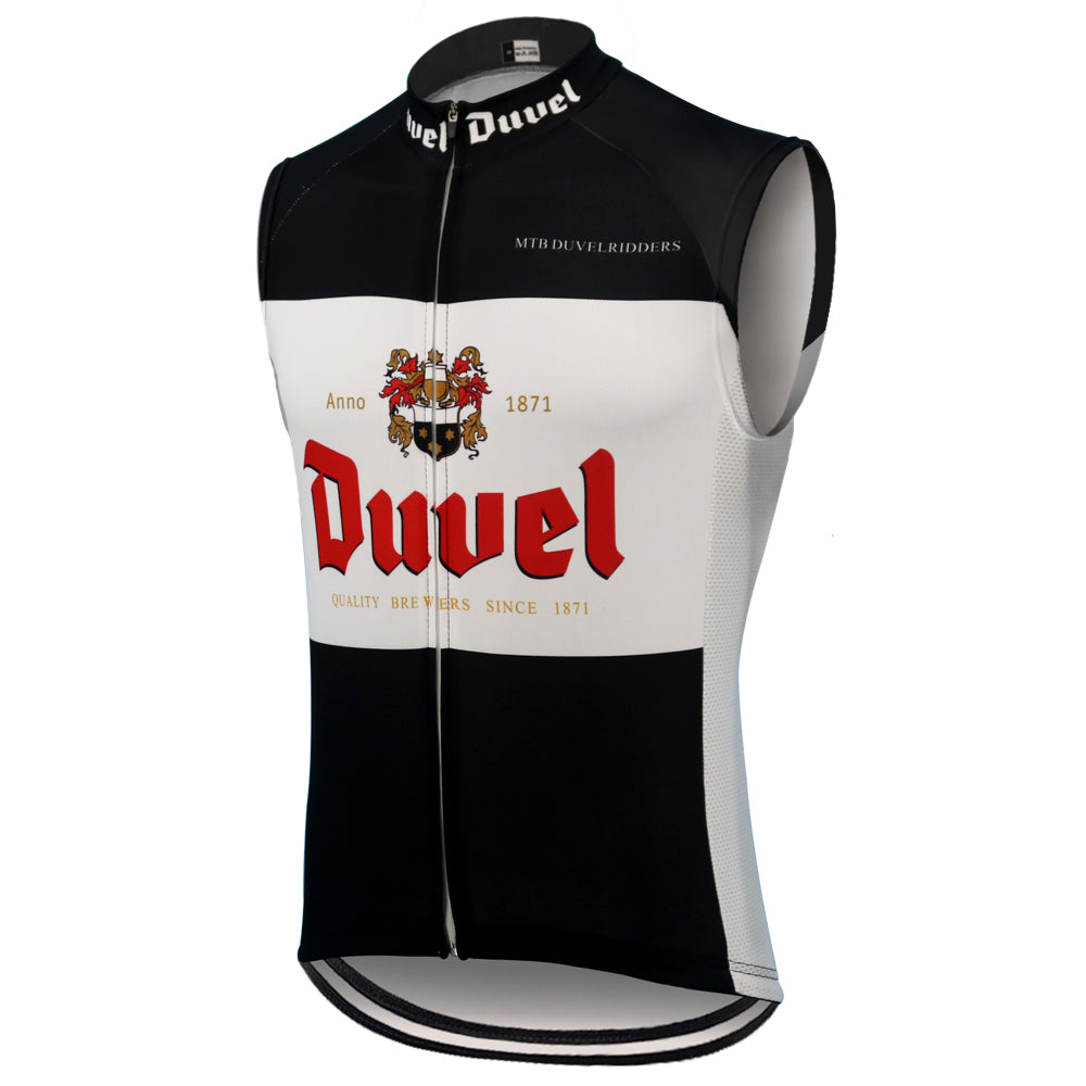 The Duvel Beer Black Retro Cycling Vest is a sleeveless jersey made from lightweight polyester, featuring a bold red Duvel logo under a coat of arms on the chest. It highlights Anno 1871 and Quality Brewers Since 1871 with retro flair.