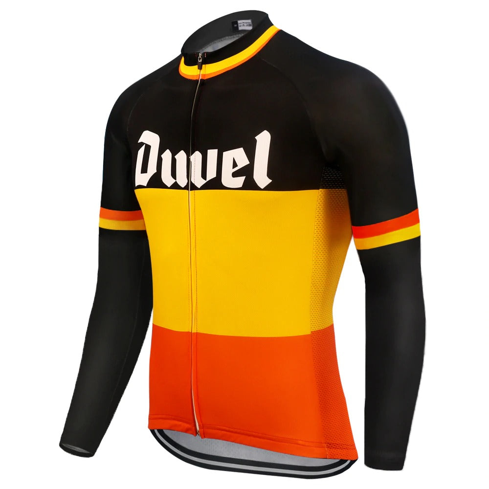 The Duvel Beer Retro Cycling Jersey features Duvel text, vibrant black, yellow, and orange stripes with red sleeve accents. It offers a sleek, fitted design and front zipper. An optional fleece version is available for extra warmth.