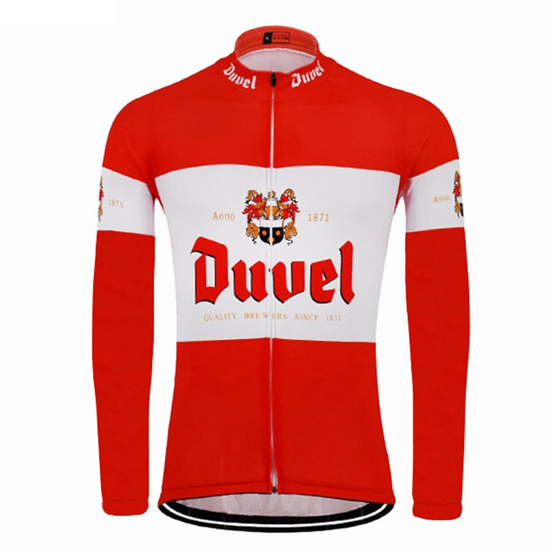 The Duvel Beer Retro Cycling Jersey features a white center with the iconic red Duvel logo, framed by red top and bottom sections. The crest displays two lions and the text Anno 1871 and Quality Brewers Since 1871. A fleece option is available for cooler rides, perfect for Duvel Beer fans.