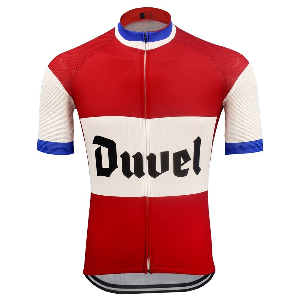 The Duvel Beer Vintage Retro Cycling Jersey boasts a bold Duvel on a white stripe, complemented by a blue collar. Its red and white design with breathable sleeves perfectly embodies the retro cycling jersey aesthetic while celebrating Duvel Beer.