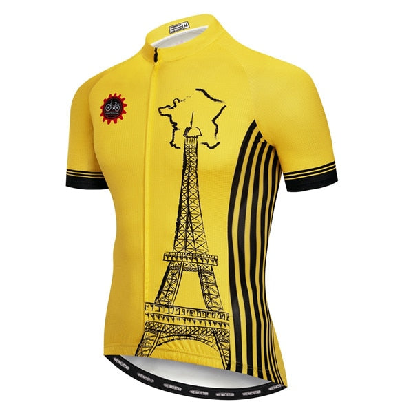 The Eiffel Tower Yellow Cycling Jersey is made from lightweight polyester and features a black tower design with short sleeves, black stripes, a full front zipper, and a red and black gear logo on the left shoulder.