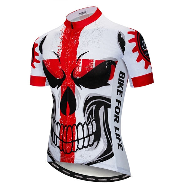 The England Skull Cycling Jersey is made from lightweight polyester and features a striking white base with a bold red and black skull design. It includes black BIKE FOR LIFE text on the side, red accents, gear graphics on the sleeves, and a high-collar style. Ideal for skull-themed fans.