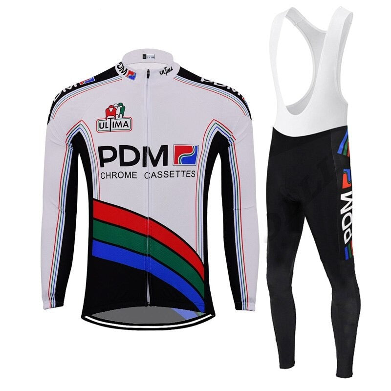 The Équipe Cycliste PDM Retro Cycling Jersey Long Set, available with a fleece option, includes a white jersey with colorful blue, red, and green stripes and Équipe Cycliste PDM logos. The set also features black bib tights with matching branding for a classic style.