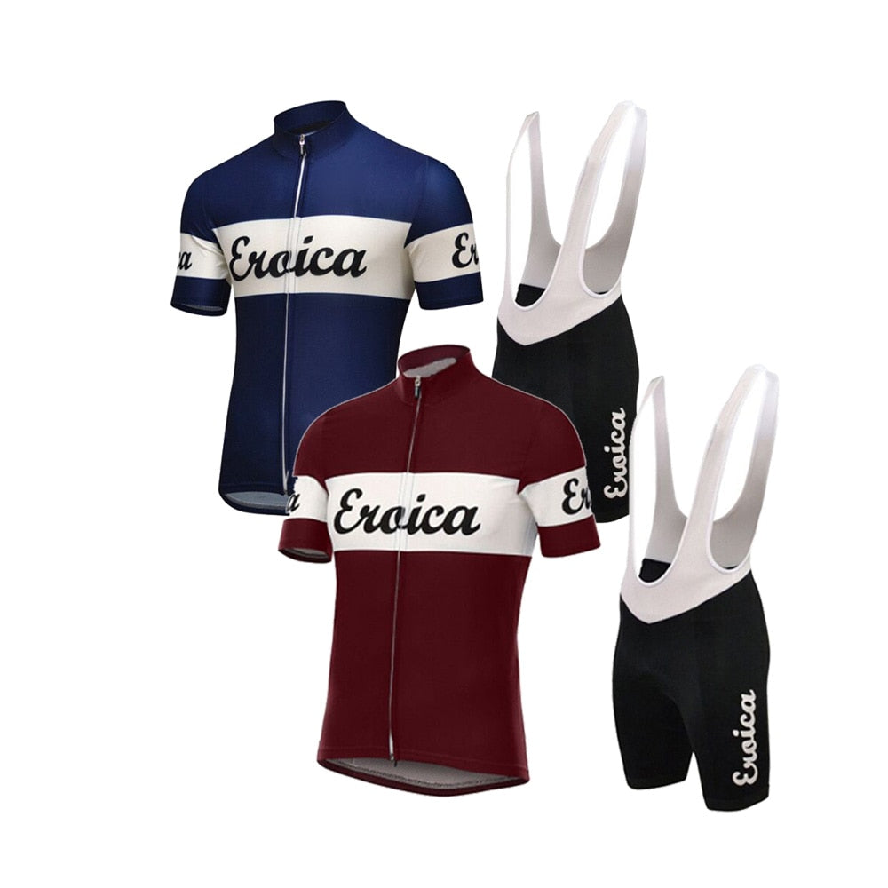 Displayed are two sets of the Eroica Retro Cycling Jersey Set, featuring blue and red short-sleeved jerseys with a white stripe and Eroica across the chest, paired with black bib shorts branded Eroica on the leg.