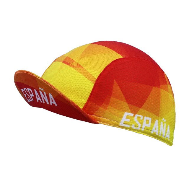 The Espana (Spain) Cycling Cap sports geometric red and yellow patterns with España in white. Made from breathable mesh, the cap features a small brim and is moisture absorbent for maximum comfort while riding.