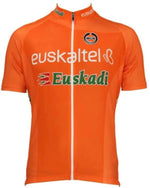 The Euskaltel-Euskadi 2003 Retro Cycling Jersey, made of lightweight orange polyester, features Euskaltel and Euskadi logos, a front zipper, and short sleeves for style and comfort.