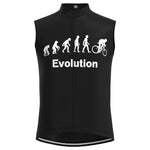 The Evolution Cycling Jersey Set is a black, sleeveless cycling jersey made from lightweight polyester. It features white evolution graphics—from ape to cyclist—and Evolution Cycling beneath, combining style and functionality in a retro design.