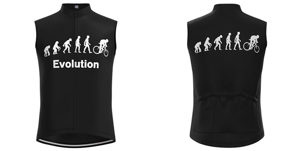 Experience the essence of Evolution Cycling with our retro sleeveless jersey from the Evolution Cycling Jersey Set. Made of lightweight polyester, it features a striking white graphic showing the evolution sequence ending with a cyclist above the word Evolution.
