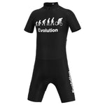 The Evolution Cycling Jersey Set is a black polyester bodysuit with a primate-to-cyclist Evolution graphic. Evolution is printed in white below the design and on the shorts, embodying cyclings spirit.