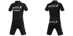 Introducing the Evolution Cycling Jersey Set: a sleek black design with Evolution on the front and side, featuring retro human evolution illustrations leading to a cyclist. It has short sleeves, a front zipper, and is made of lightweight polyester for optimal performance.