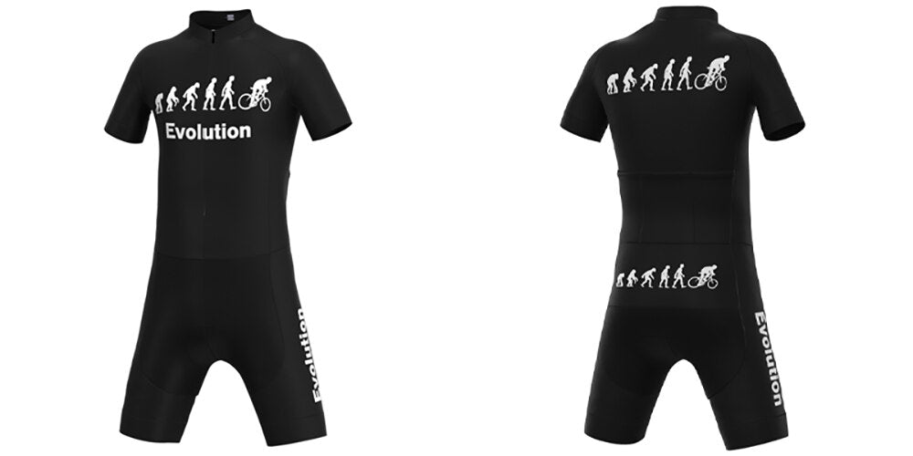 Introducing the Evolution Cycling Jersey Set: a sleek black design with Evolution on the front and side, featuring retro human evolution illustrations leading to a cyclist. It has short sleeves, a front zipper, and is made of lightweight polyester for optimal performance.