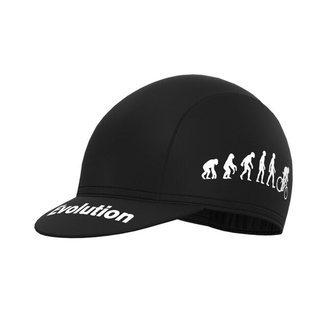 The Evolution Cycling Jersey Set includes a black cycling cap with white Evolution Cycling text on the brim. The side displays an ape-to-cyclist graphic, symbolizing human evolution, and is made from lightweight polyester for comfort and style.