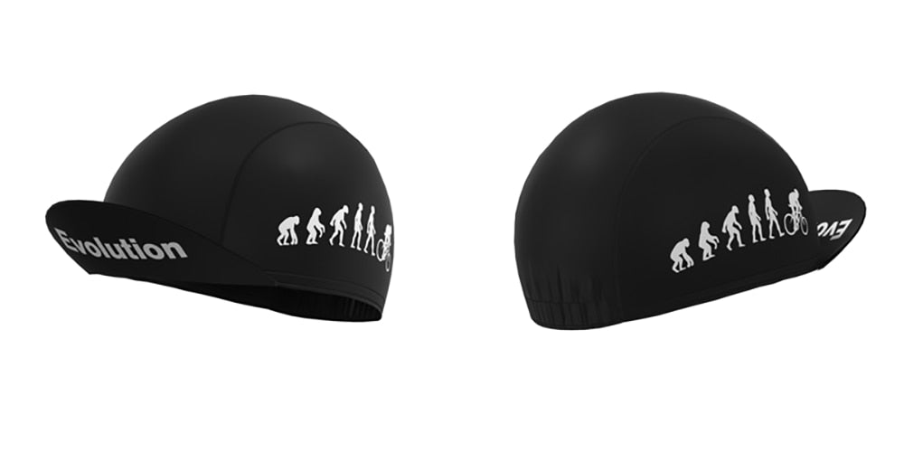 The Evolution Cycling Jersey Set includes black caps featuring a white ape-to-human evolution graphic on the sides and Evolution Cycling on the brim, made from lightweight polyester in a simple, modern design perfect for pairing with retro cycling jerseys.