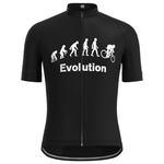 The Evolution Cycling Jersey Set features a lightweight black polyester jersey with short sleeves and a full front zipper. Its retro design highlights a white evolution graphic ending with a cyclist, complete with the word Evolution for the ultimate Evolution Cycling look.