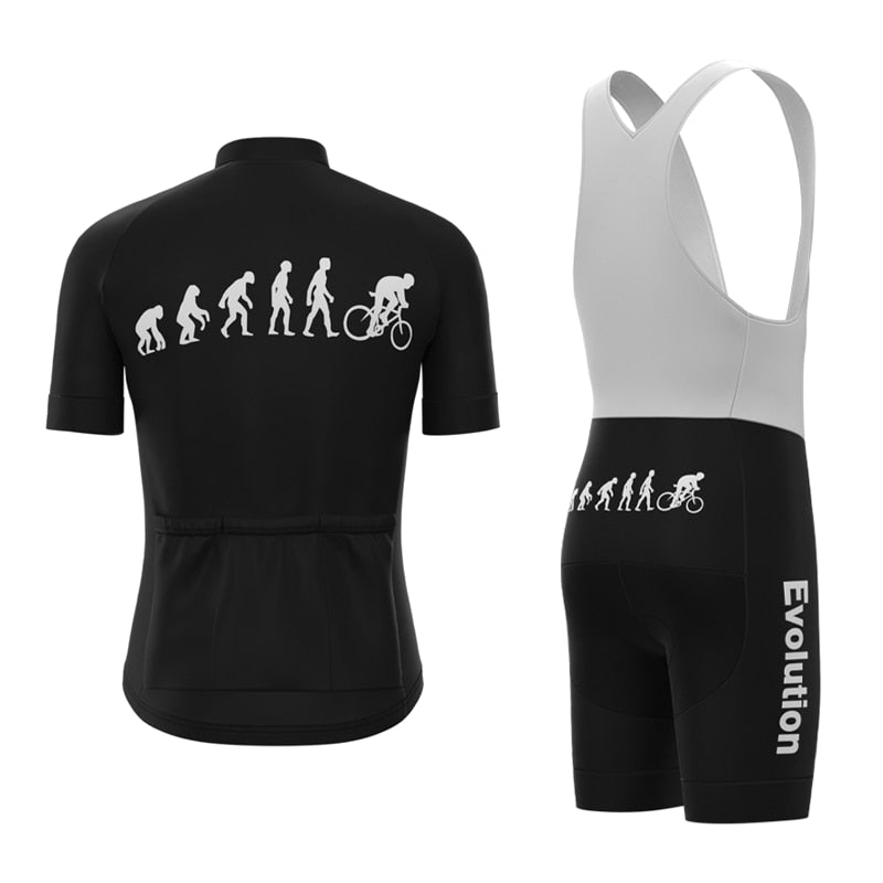 The Evolution Cycling Jersey Set features a lightweight polyester cycling outfit in black and white. It includes a retro jersey with an ape-to-cyclist evolution graphic and matching shorts with Evolution Cycling on the side for a cohesive, stylish look.
