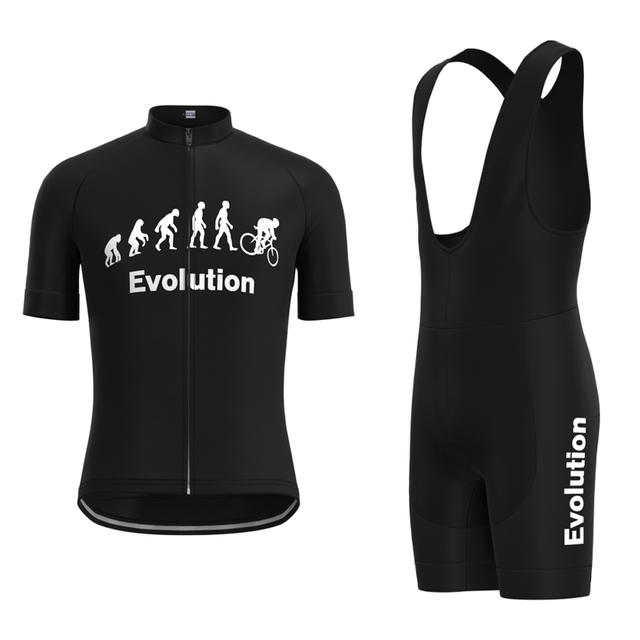 The Evolution Cycling Jersey Set includes a black retro jersey and bib shorts made of lightweight polyester. The jersey features an evolution graphic from primate to cyclist, highlighted by Evolution, offering comfort and performance for cycling enthusiasts.