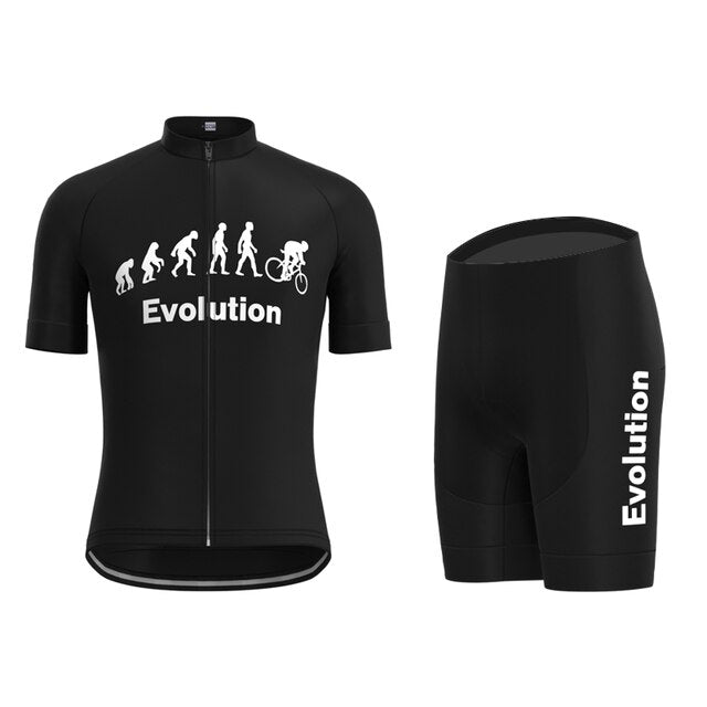 Explore the Evolution Cycling Jersey Set, made from lightweight polyester for comfort. The retro jersey features a fun evolutionary graphic ending with a cyclist, while the matching shorts have Evolution along the side, offering an ideal mix of style and functionality.