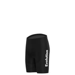Lightweight black cycling shorts made from polyester, featuring Evolution in bold white text on the side, set against a white background. They perfectly complement your Evolution Cycling Jersey Set for a sleek, stylish ride.