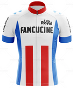 The Famcucine Selle Royal Retro Cycling Jersey Set boasts red vertical stripes with blue side panels and sleeves. FAMCUCINE is prominently displayed on the front, with Selle Royal above, nodding to the Francesco Moser era. A red collar contrasts its mainly white background.
