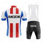 The Famcucine Selle Royal Retro Cycling Jersey Set features a white jersey with red and blue stripes and FAMCUCINE on the back. Paired with black bib shorts with white straps, it evokes Francesco Mosers classic era style.