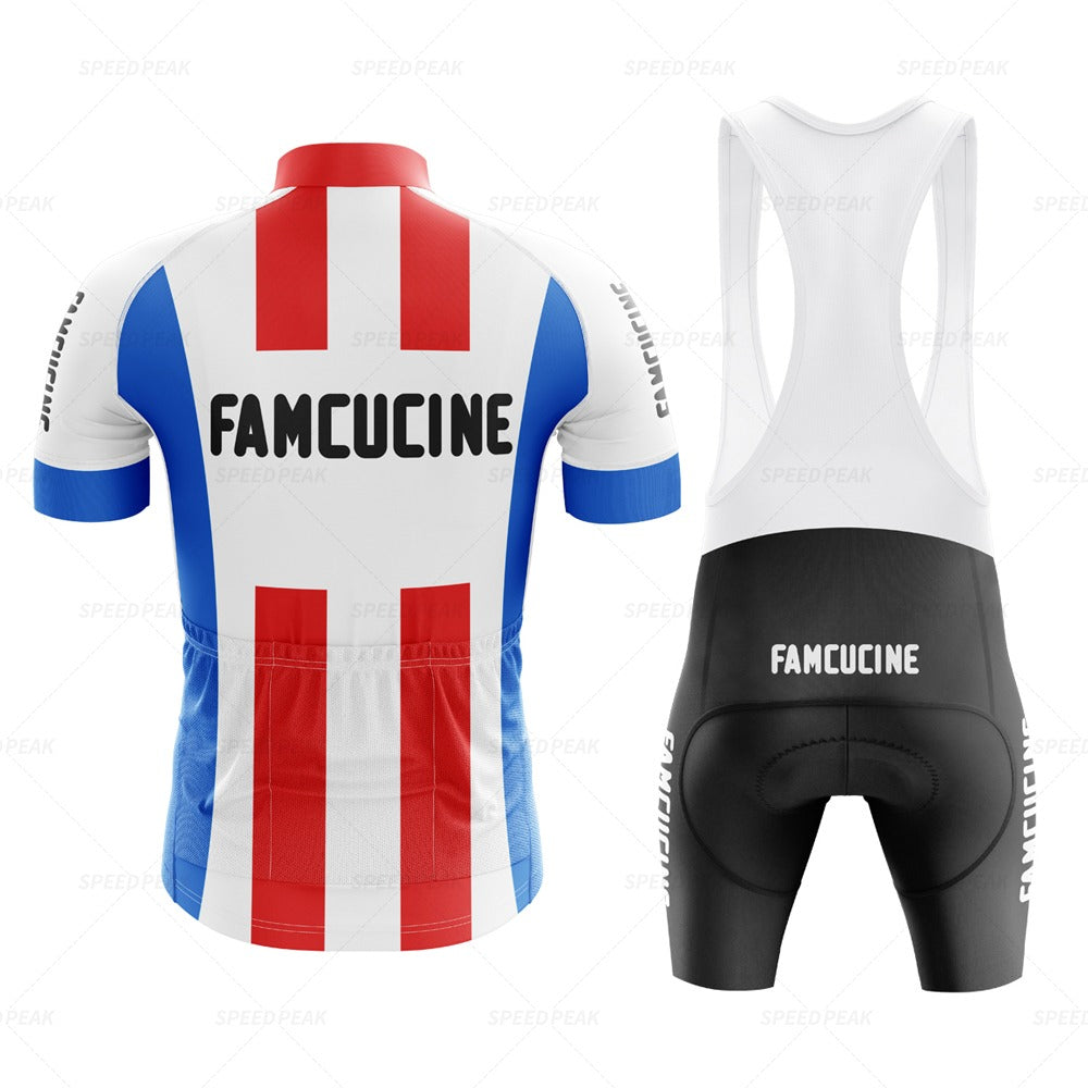 The Famcucine Selle Royal Retro Cycling Jersey Set features a white jersey with red and blue stripes and FAMCUCINE on the back. Paired with black bib shorts with white straps, it evokes Francesco Mosers classic era style.