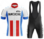 The Famcucine Selle Royal Retro Cycling Jersey Set includes a short-sleeve jersey inspired by Francesco Moser, with a vertical red stripe, blue sides, and black FAMCUCINE text. Its paired with black bib shorts featuring matching FAMCUCINE branding on the side for a classic look.