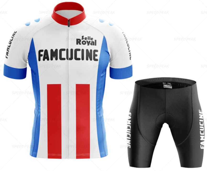 The Famcucine Selle Royal Retro Cycling Jersey Set, inspired by Francesco Moser, features the iconic FAMCUCINE design in white, blue, and red. It includes a collar, full front zipper, branded sleeves on the jersey, and black shorts with padded stitching for comfort.