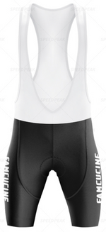 Front view of black and white cycling bib shorts from the Famcucine Selle Royal Retro Cycling Jersey Set, featuring a white upper strap, cushioned black lower, with SMUCICLINE - SPEEDPEAK subtly in the background, evoking classic retro style.