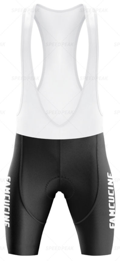 Front view of black and white cycling bib shorts from the Famcucine Selle Royal Retro Cycling Jersey Set, featuring a white upper strap, cushioned black lower, with SMUCICLINE - SPEEDPEAK subtly in the background, evoking classic retro style.