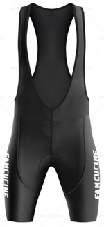 The Famcucine Selle Royal Retro Cycling Jersey Set includes black cycling bib shorts featuring shoulder straps, padded seating, and the EMUCILNE logo in white on each leg. Made from sleek, stretchy material reminiscent of vintage style that even Francesco Moser would appreciate.