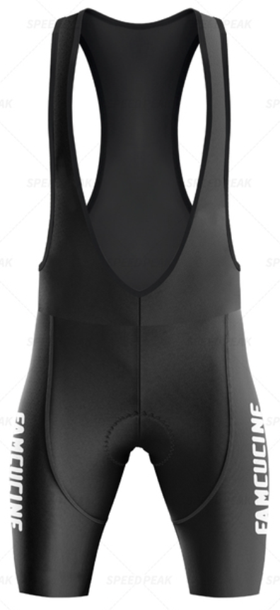The Famcucine Selle Royal Retro Cycling Jersey Set includes black cycling bib shorts featuring shoulder straps, padded seating, and the EMUCILNE logo in white on each leg. Made from sleek, stretchy material reminiscent of vintage style that even Francesco Moser would appreciate.
