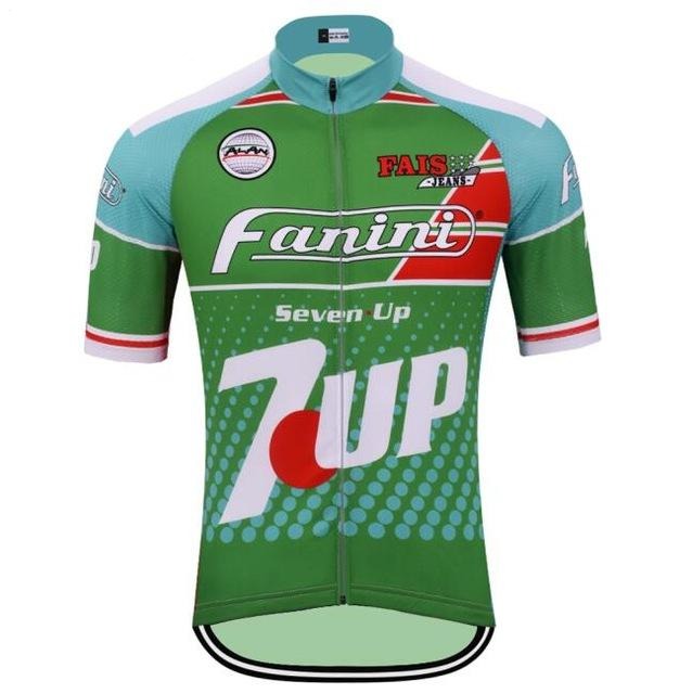 The Fanini-7 Up Retro Cycling Jersey Set features a vibrant green and white design with 7UP branding, Giro dItalia-inspired red and white stripes, polka dots, and sponsor logos on the sleeves and chest for a classic look.