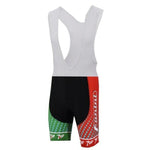 The Fanini-7 Up Retro Cycling Jersey Set includes bib shorts with a white top and red, black, and green lower section, highlighted by dotted patterns and the Fanini-7 Up logo. Ideal for Giro dItalia enthusiasts seeking a nostalgic touch.