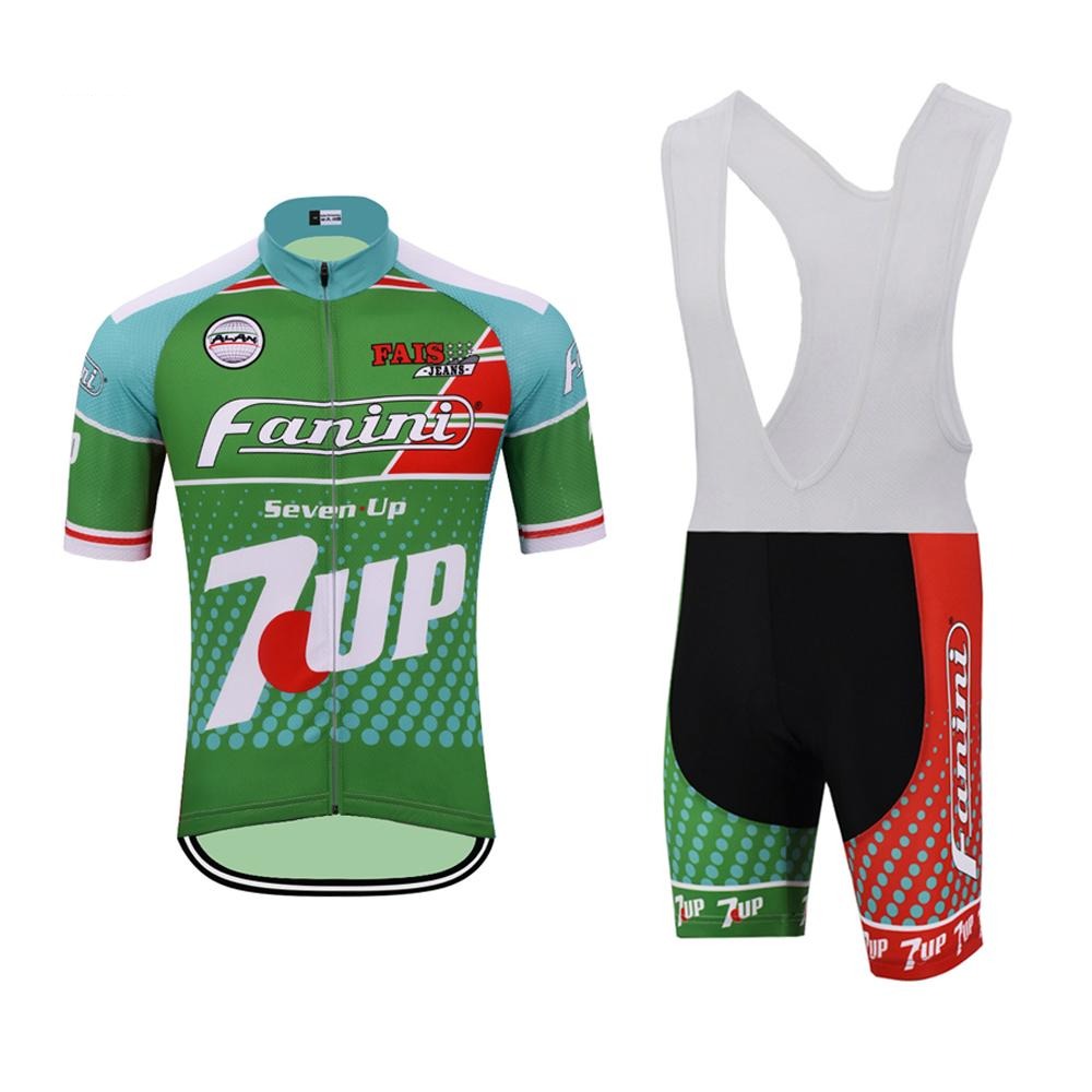 The Fanini-7 Up Retro Cycling Jersey Set, inspired by the Giro dItalia, includes a green jersey adorned with the 7UP logo and graphic designs. It pairs with black bib shorts featuring red accents and matching branding, offering a stylish homage to classic cycling days.
