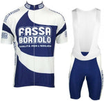 The Fassa Bortolo Retro Cycling Jersey Set features a classic navy and white design with prominent Fassa Bortolo text on the chest and sleeves, along with Qualità per ledilizia beneath, evoking the style of past UCI ProTour teams.