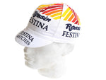 The Festina Watches Retro Cycling Cap is a white hat with colorful stripes and Rossin and Festina Watches in black. Displayed on a bust, it showcases its classic design from both the front and side views.