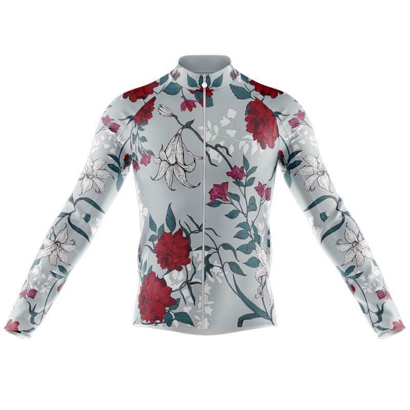 The Floral Big Red Cycling Jersey features large red roses and small white flowers on a light blue background. This long-sleeved design includes a high collar and front zipper, offering elegance to your ride. Fleece option available.