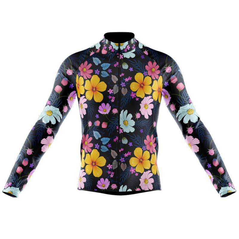 Discover the Floral Big Yellow Cycling Jersey, a lightweight, long-sleeve polyester jersey featuring vibrant pink, yellow, blue, and purple florals on black with bold leafy accents. Opt for the fleece version for added warmth during cooler rides.